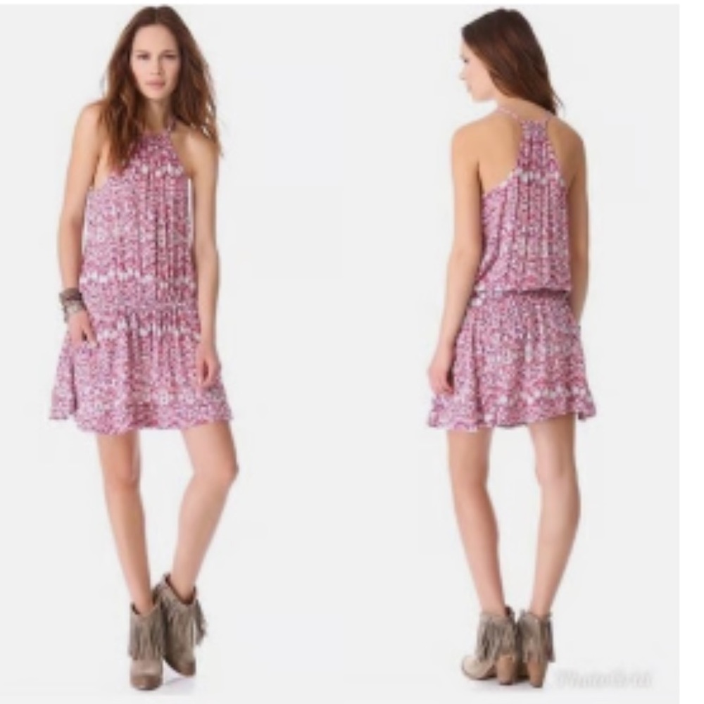 Free People Simone Batik Print Drop‎ Waist Mini Dress Pink Halter - Medium